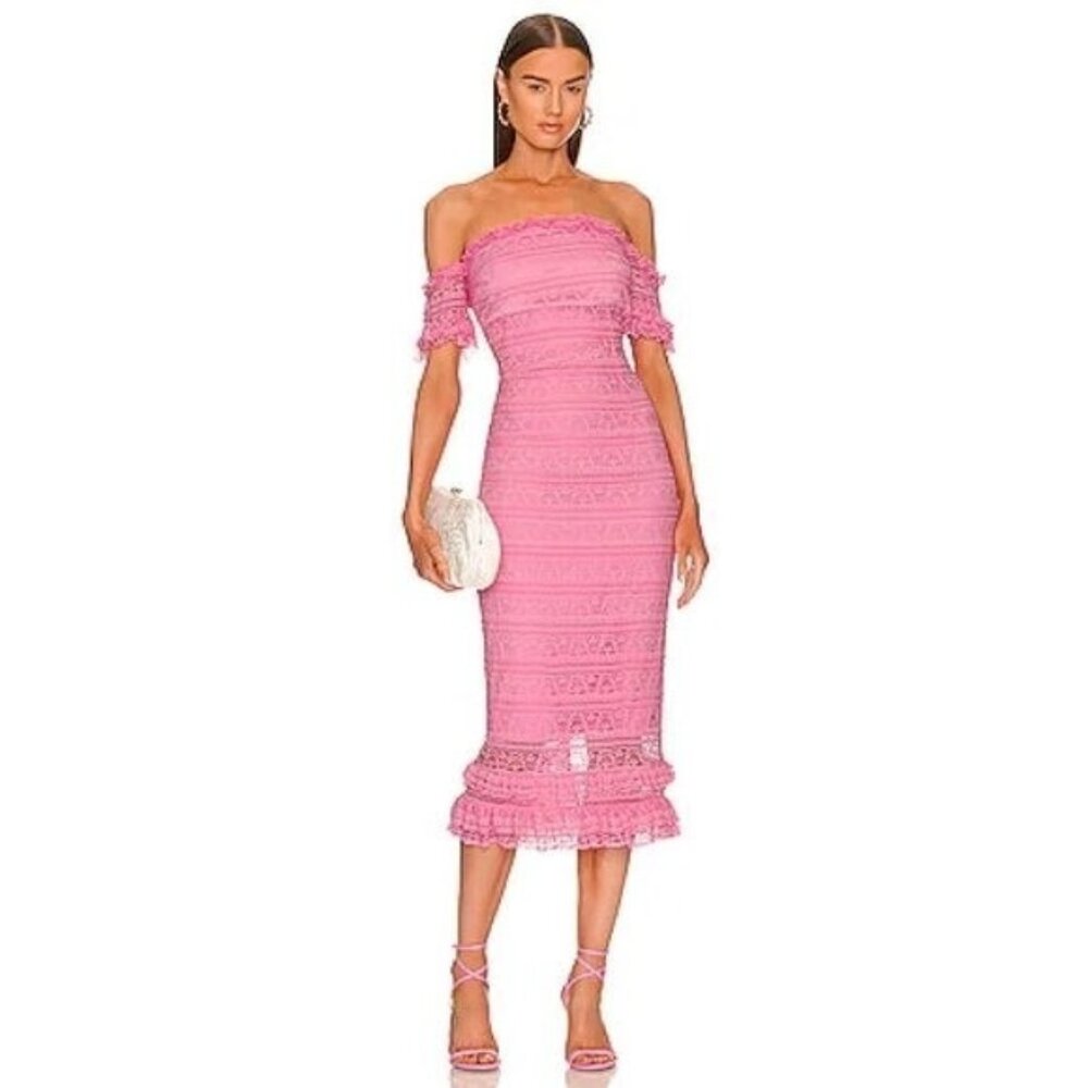 Likely Milaro Lace Off The Shoulder Midi Dress in Pink Sugar